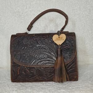 Mexican Floral Embossed Brown Genuine Leather Top-Handle Bag New with tags